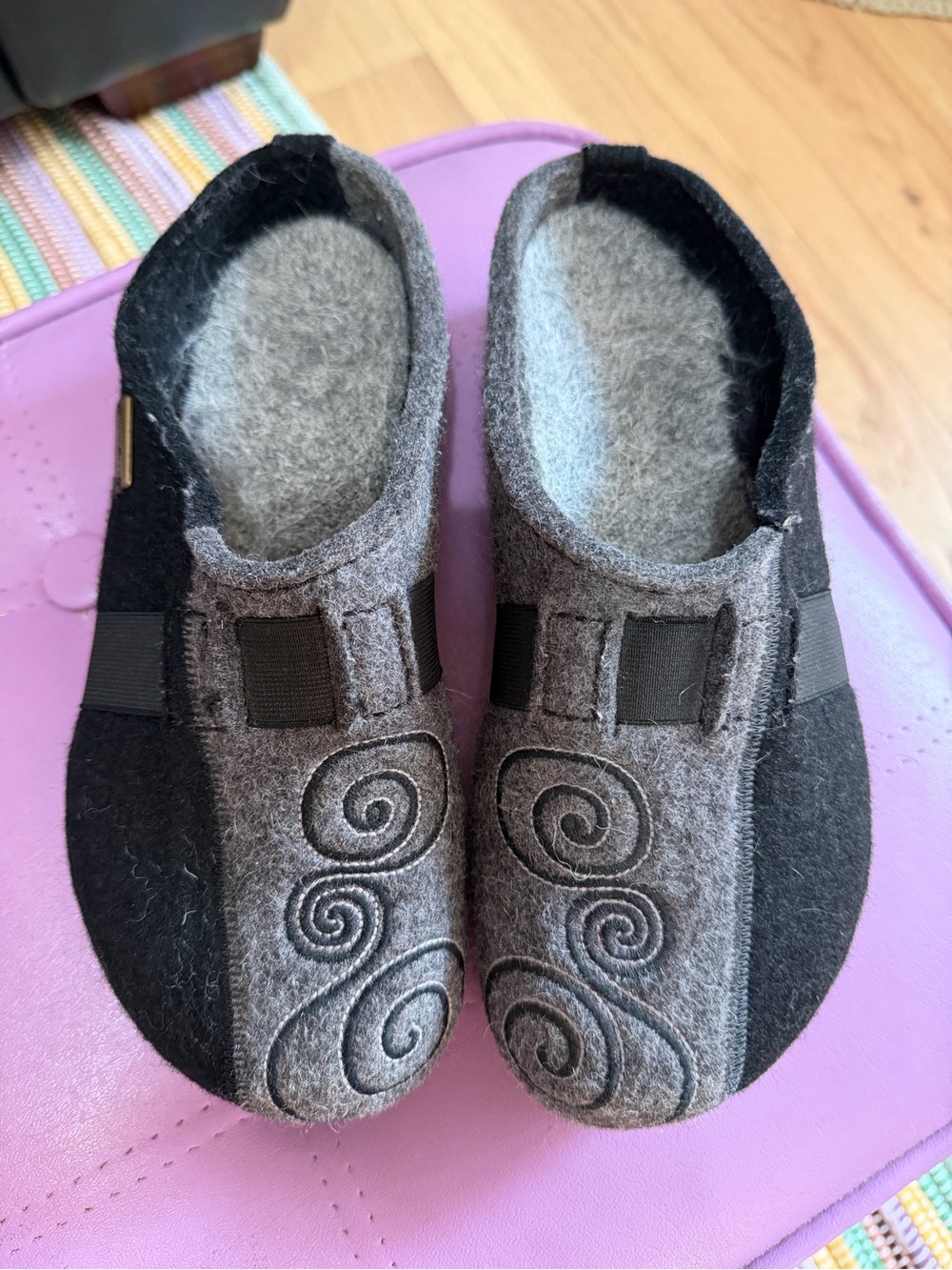 Haflinger Gray and Black Felt Mules with Swirl Embroidery